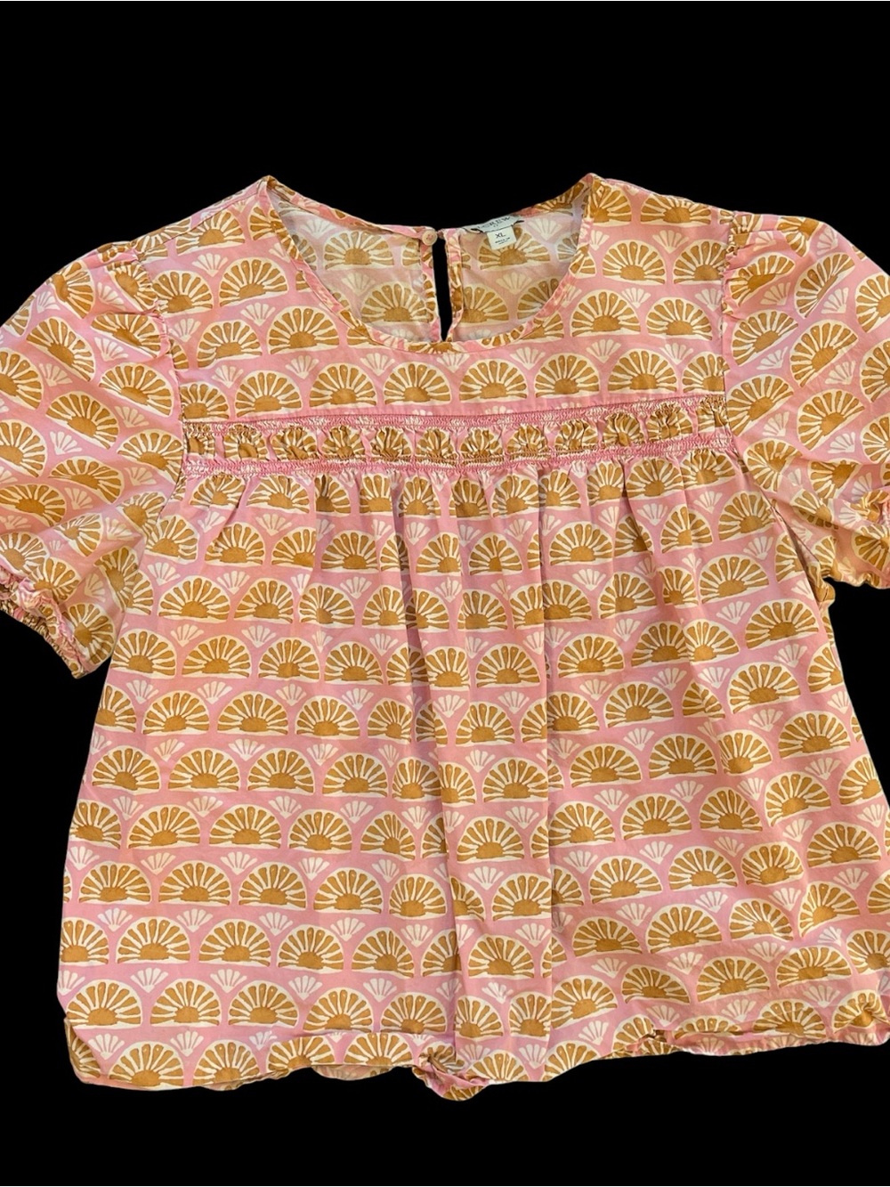 J. Crew Pink and Gold Patterned Puff Sleeve Top Ladies Large Made In India!